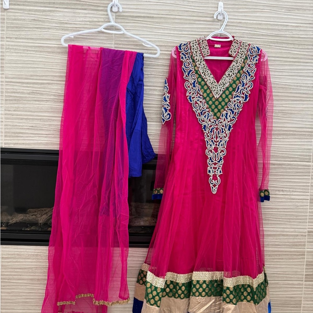 Vibrant Pink and Blue Embroidered Kurta Set